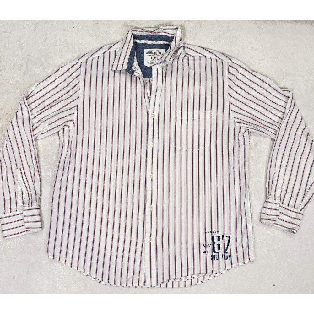 Aeropostale Shirt Mens XL White Red Striped Surf Team 87 Embroidered Long Sleeve